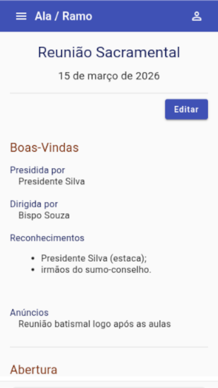 Agenda do Dia — visualização mobile da reunião sacramental