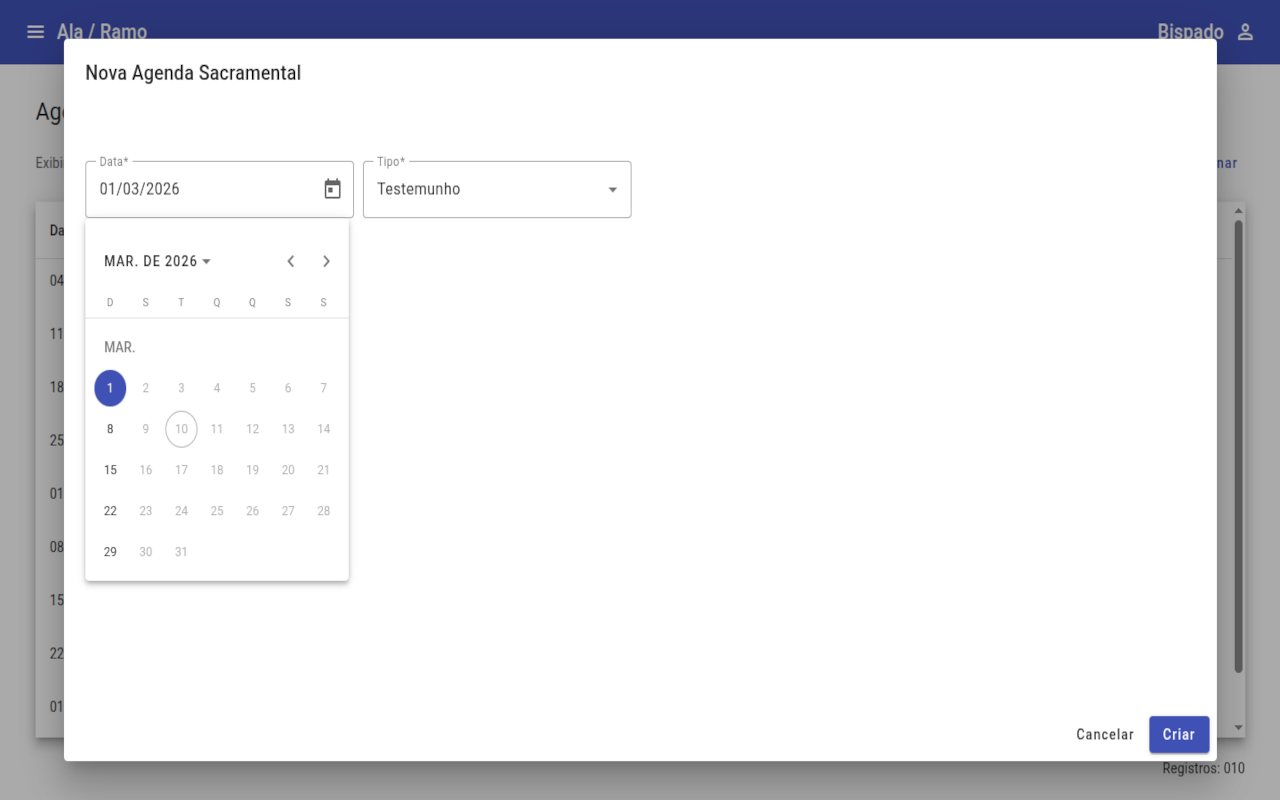 Criação de agenda sacramental com seleção de hinos, orações e discursantes
