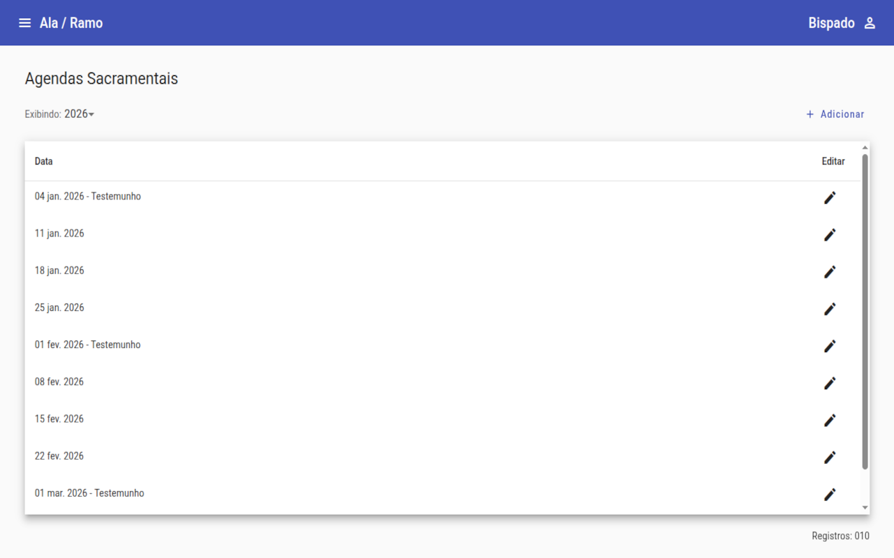 Listagem de agendas sacramentais com filtro por ano